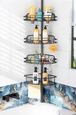 Shower Caddy Tension Pole: 4-Tier Rustproof Bathroom Corner Shelf Organizer f...
