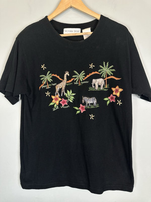 Victoria Sport Embroidered Safari Jungle Animal Print Cotton S Vintage Wildlife