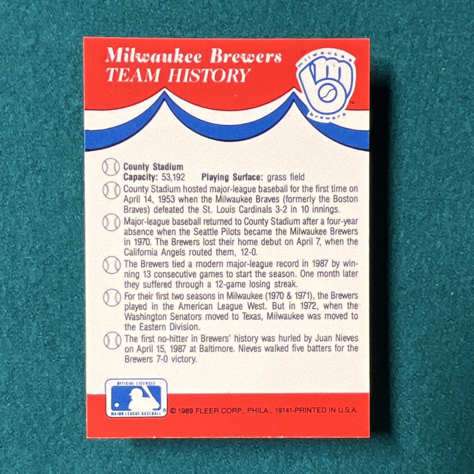 Fleer 1989 Fleer Baseball Sticker Milwaukee Brewers Team Logo Bend ...