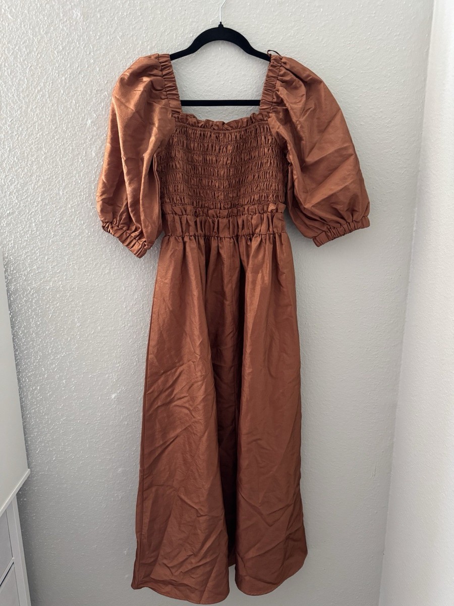 brown smocked dress Women's Solid Square Neck 3/4 Puff Sleeve Maxi Dress, Regular Jovani -47412 Beaded Fringe Gingham Fully lined for smooth Color:Brown Grey