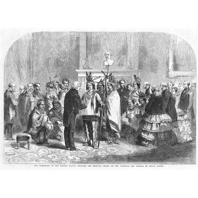 INDIANER INDIANER Pawnee & Ponca mit US-Präsident - antiker Druck 1858