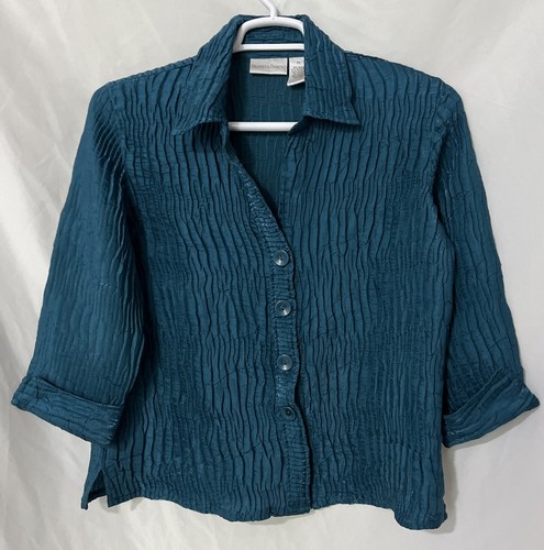 Drapers & Damon’s PL Set Of Two Crinkle Button Up Blouses Plum/Teal Collared - Picture 2 of 12