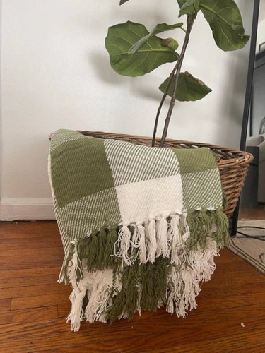 Primitive Farmhouse Buffalo Check Sage Green Afghan Throw 50" x 60" - Picture 2 of 4