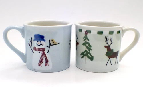 2 Hartstone Pottery Stoneware Lt Blue Snowmen and Lt Green Reindeer Mugs 1980's
