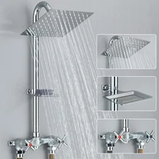 Chrome Outdoor Shower Fixture System Rain Head Exposed Shower Faucet Kit w/Valve