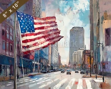 Indianapolis downtown with USA flag waving oil painting 8x10 Print