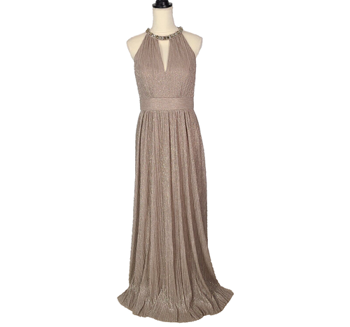 Eliza J Shimmering Cutout Halter Gown 10 Metallic Champagne Embellished Goddess - Picture 2 of 16