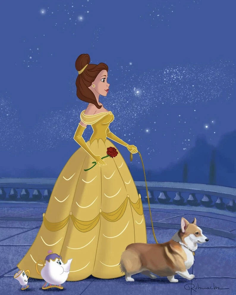 Belle walking a Corgi Corgi art print Pembroke Welsh Corgi dog