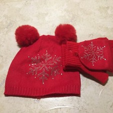 Youth Hat And Glove Set Snowflake Rhinestones Puffball Red