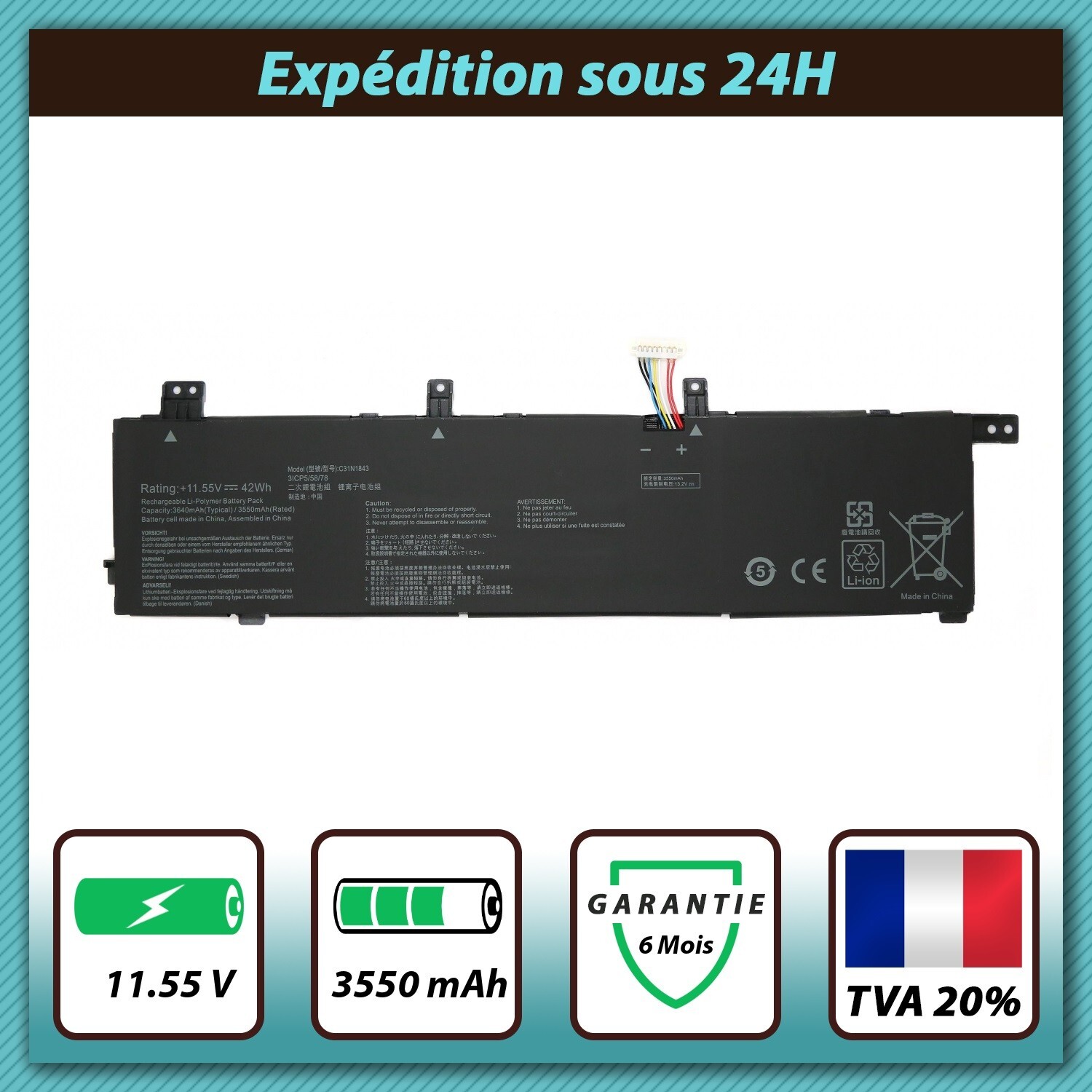 Batterie Asus 0B200-03430000 haute capacité 3550mAh avec cellules longue durée