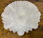 Vintage Imperial White Milk Glass Rose Embossed 9" Decorative Bowl Crimp Ruffle