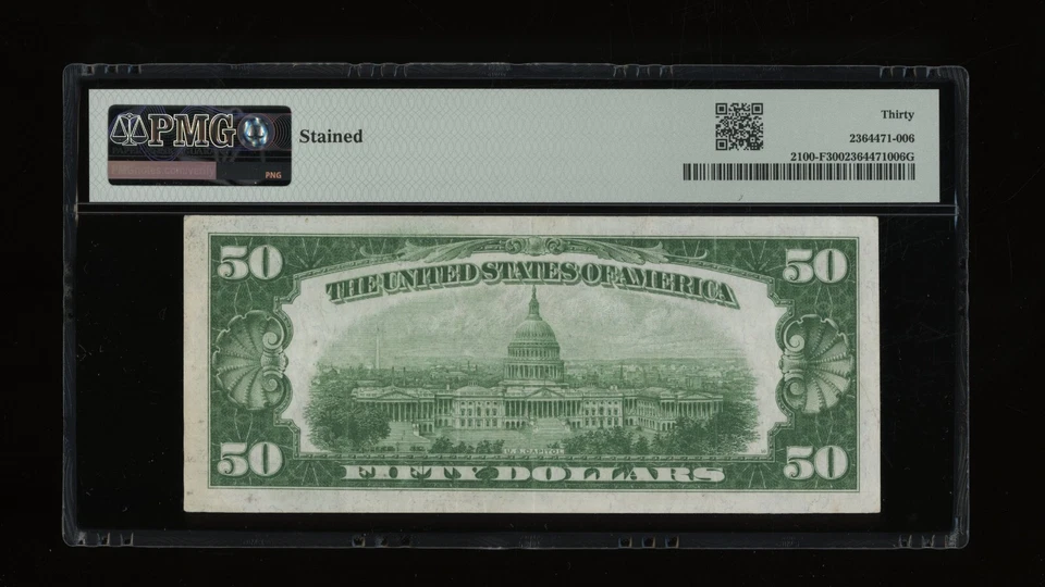 DBR 1928 $50 Atlanta Numeral Fr. 2100-F PMG 30 Serial F00353763A - Image 2 of 2