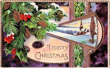 Antique Christmas Gel Card Tree Branch Pine Cones Painter's Palette Postcard F18