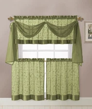 Linen Leaf Embroidered Sheer Kitchen Curtain Set - Assorted Colors (Sage)