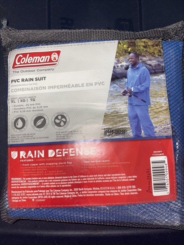 Coleman PVC Rain Suit Blue XL Waterproof Windproof Hooded Outdoor Men NEW