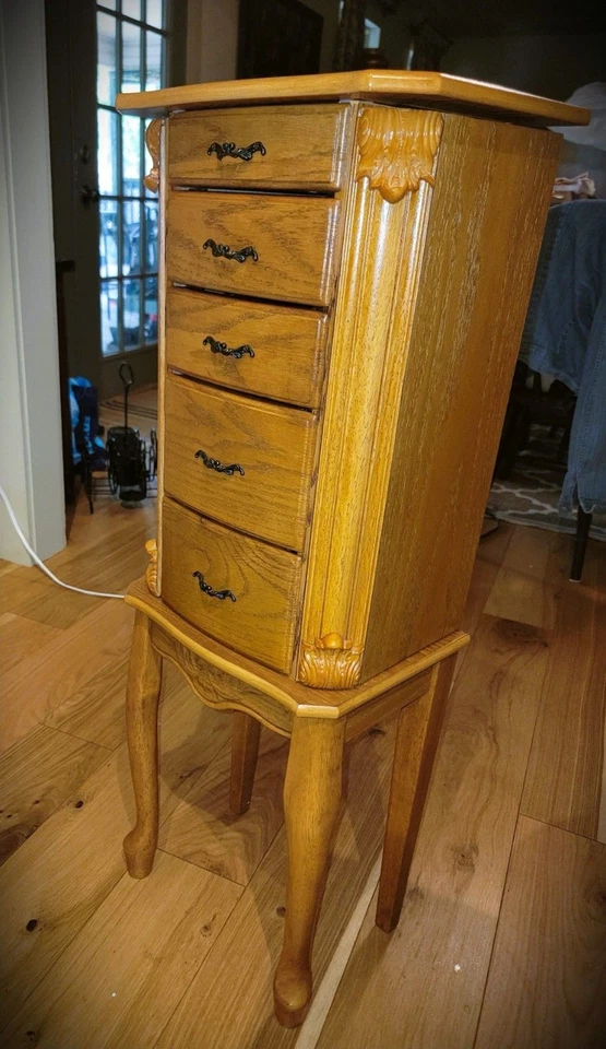 Armário de joias armário de carvalho organizador de caixa de joias espelho superior 3 gavetas - Imagem 3 de 4