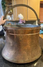 Antique HUGE Cauldron Pot Hand Hammered Copper Cast Bronze Firewood Bucket Decor