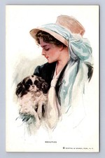 BEAUTIES WOMAN & DOG GLAMOUR ARTIST SIGNED HARRISON FISHER POSTCARD NO.196