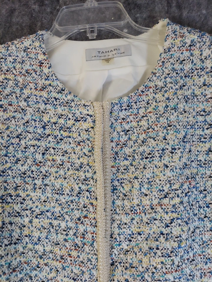 Chaqueta para mujer Tahari Arthur Levine 18 azul marfil tweed perla ribete blazer forrado Foto 2 de 4