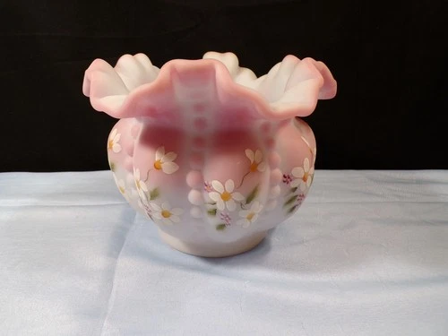 Fenton Hand Painted Blue Burmese Glass Beaded Melon Large Rose Bowl Vase