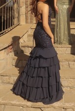 Mermaid V-neck Chiffon Tiered Prom Dresses Navy Blue, Size 8