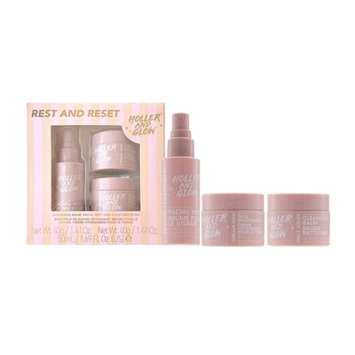 Holler And Glow Rest Reset Cleansing Balm, Facial Mist 3 Piece Set, Pink 