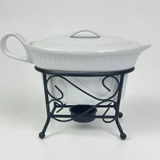 Essential Home 3 pc Covered Gravy Boat Bowl Metal Rack Warmer Server Stand