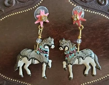 Lunch At The Ritz ~ Horse Earrings ~ Pierced Dangle ~ Script Mark ~ Jousting?