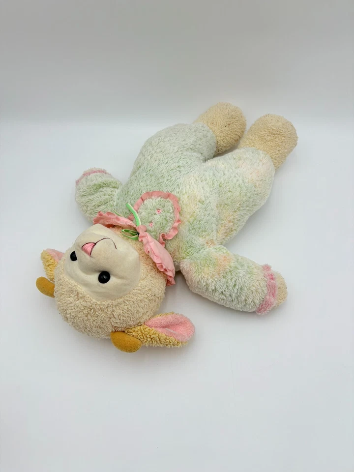 Винтажный ягненок плюшевый зеленый желтый наряд розовый воротник шеи козлиные рога 18» - Изображение 4 из 4