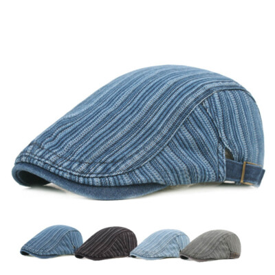 Herren Gestreifter Denim Ballonmütze Ivy Golf Driving Flat Cabbie Beret Sun Cap/