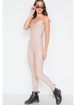 Beige Pinstripe V-neck Skinny Leg Jumpsuit - Medium