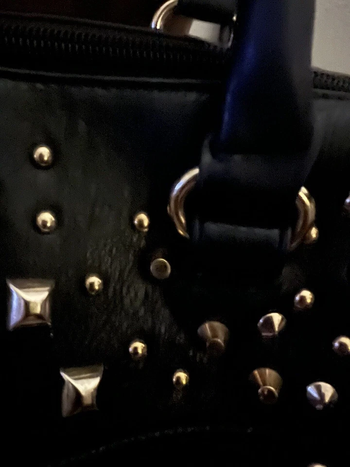 复古设计师 YOKI 大号金色镶嵌黑色人造皮革单肩包手提包 — 第 4/4 张图片