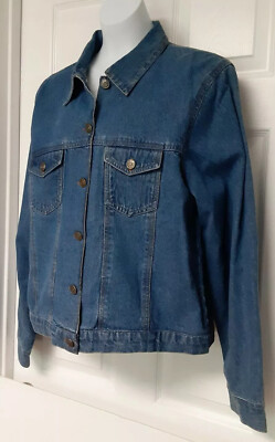 Women Large TAKE TWO Button Classic Blue Jean Denim Jacket Cool Rt 66 Lining EUC