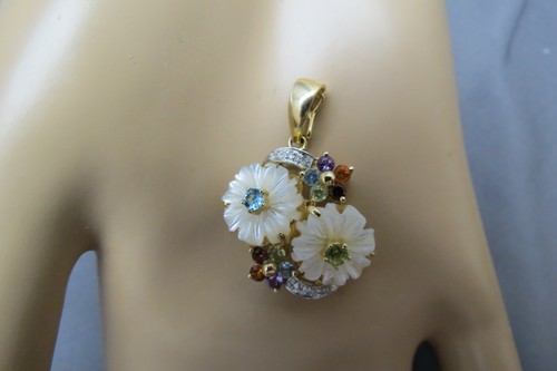 14k Pendant Diamond Multi Color Gemstones Yellow Gold MOP Carved Flower SBT 5.6g - Picture 7 of 12