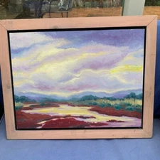 ORIGINAL PAINTING Purple Horizon Sky River Trees Landscape Art 19x15" FRAMED