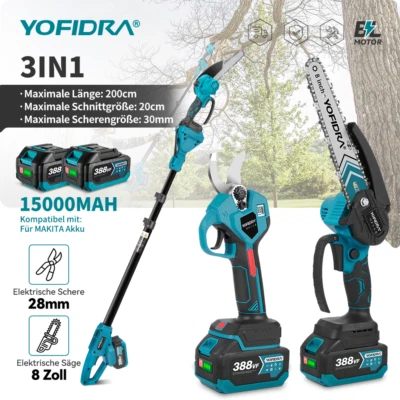 YOFIDRA Motosierra telescópica a batería de 8" pulsador alto tijeras de jardín 2 baterías para Makita 18V