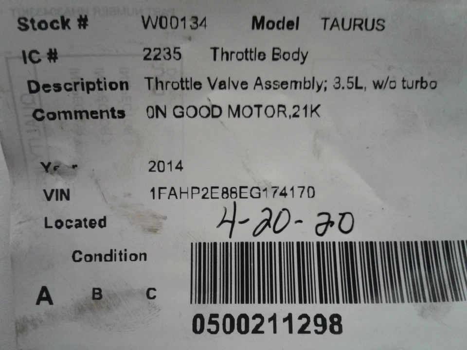 Used Fuel Injection Throttle Body fits: 2014 Ford Taurus Throttle Valve Assembly Foto 4 de 4