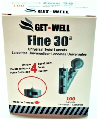 GET WELL Fine 30g Universal Twist Lancets - Made in Canada ! Box of 100