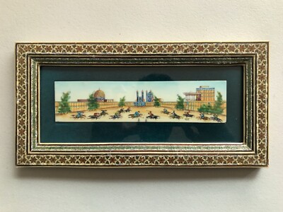 VINTAGE KHATAM KARI INLAY FRAME ISFAHAN CHOVGAN GAME PAINTING ON CAMEL ...