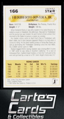 Tarjetas estrella de caballo Heriberto Rivera Jr. 1991 Jockey Guild #166 - Imagen 2 de 2