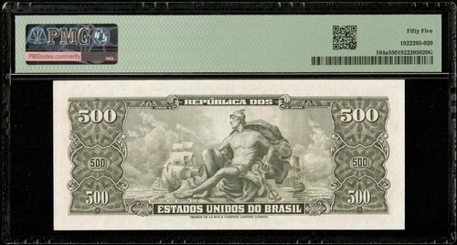 Billet BRAZIL - BRAZIL - 500 Cruzeiros (1955) Pick 164a PMG AU 55 - Picture 2 of 3