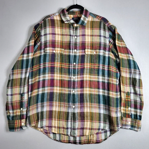 Camisa Polo Ralph Lauren PARA HOMBRES XL Lino Abotonada Tartán Cuadros Manga Larga Tejida - Imagen 2 de 11