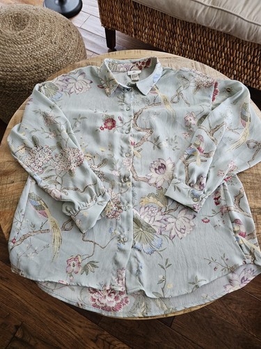H&M X GP & J Baker Mint Green Floral Bird Print Blouse Asian Romantic Women's 6 - Picture 3 of 9