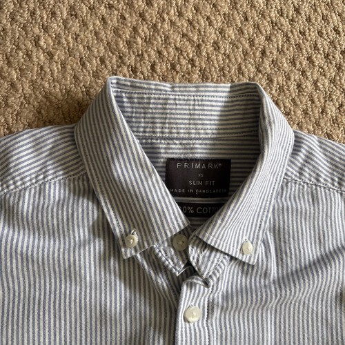 100% Cotton Short Sleeve Oxford Shirt Blue/White Stripe Size Men’s Slim Fit XS - Picture 3 of 10
