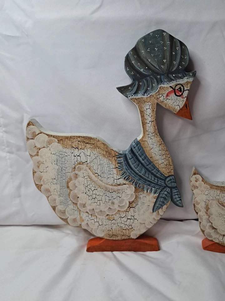 Lot Of 2 Vintage Folk Art Hand-Painted Wooden Mother Goose Shelf Sitter Pair Set - Image 2 of 4