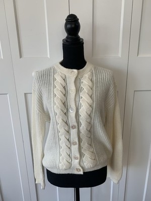 Vintage Button Down Sweater, Round Neck, Cream Acrylic