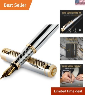 Refillable Silver Chrome Fountain Pen with Schmidt Nib - Elegant Writing Tool