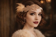 New 1920s Feather Beaded Headpiece Flapper Headband Gold Ivory Gatsby