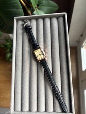 Womens Gold Rectangular Watch Black Leather Strap Quartz Vintage Retro Gift UK