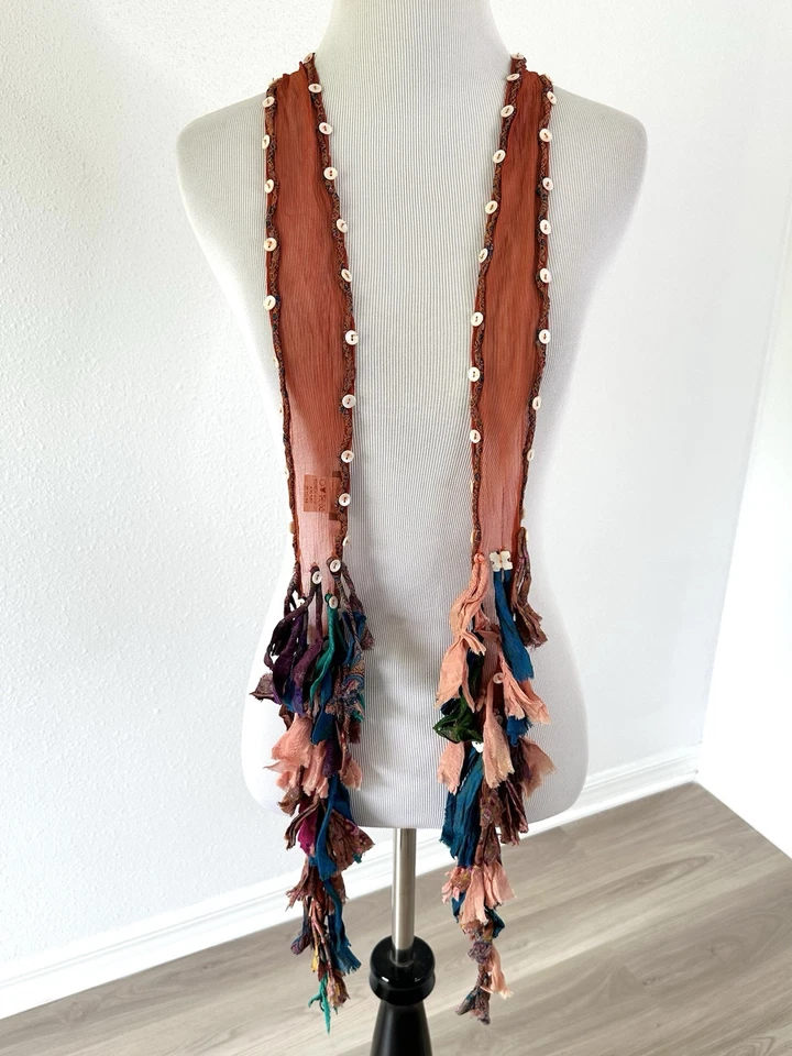 Chan Luu 2 Way Choker Shreds Scarf Boho Long Buttons Multicolor - Image 3 of 4